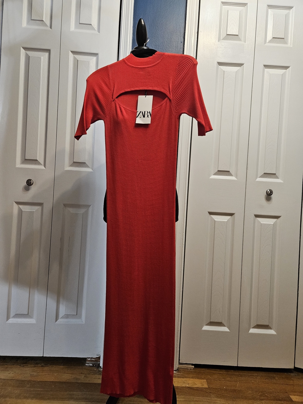 Zara Bright Red Ribbed Cutout Maxi Dress